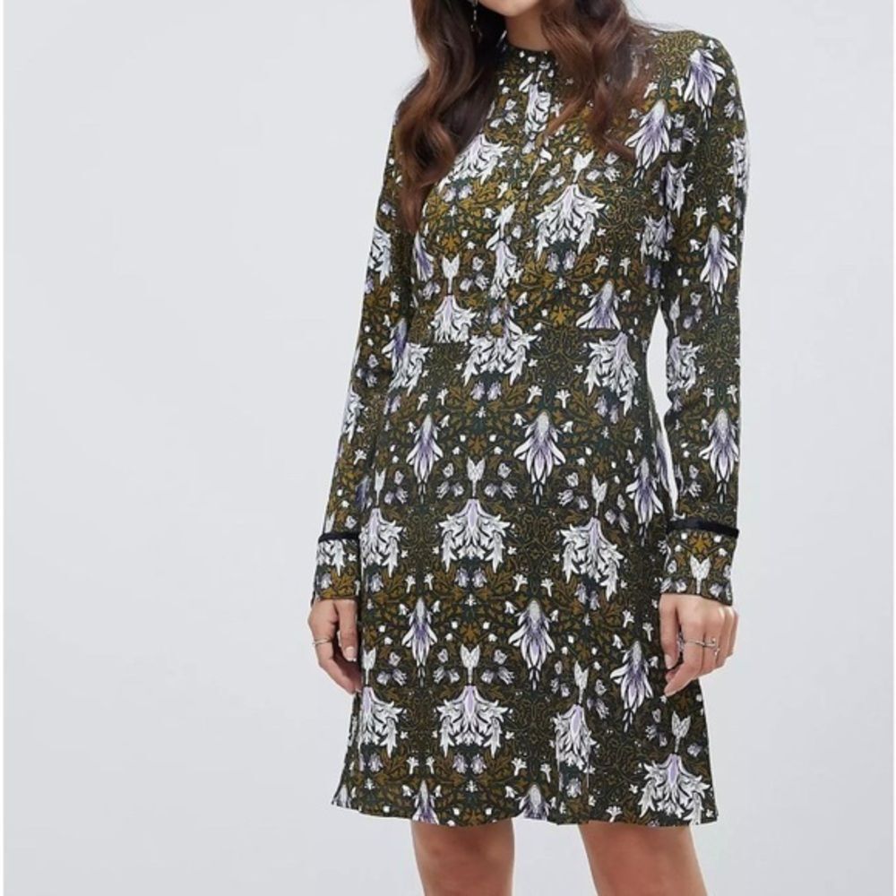 Y.A.S Green High Neck Graphic Floral Dress Large Cottagecore Knee Length Y2K